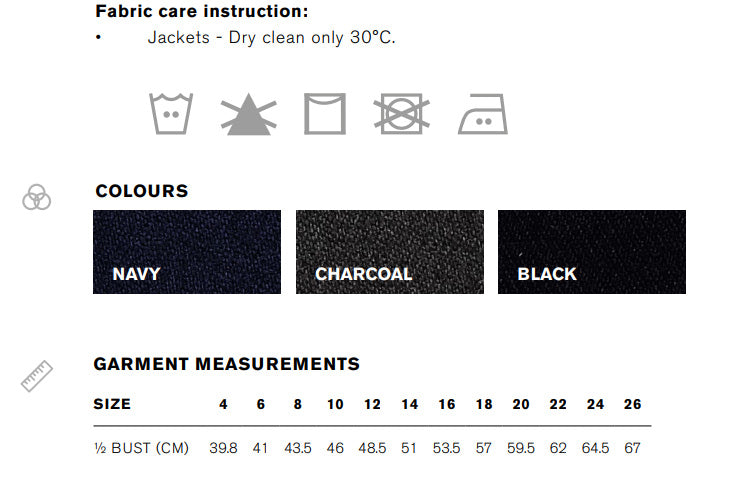 Comfort Wool Short Jacket with Reverse Lapel size chart
