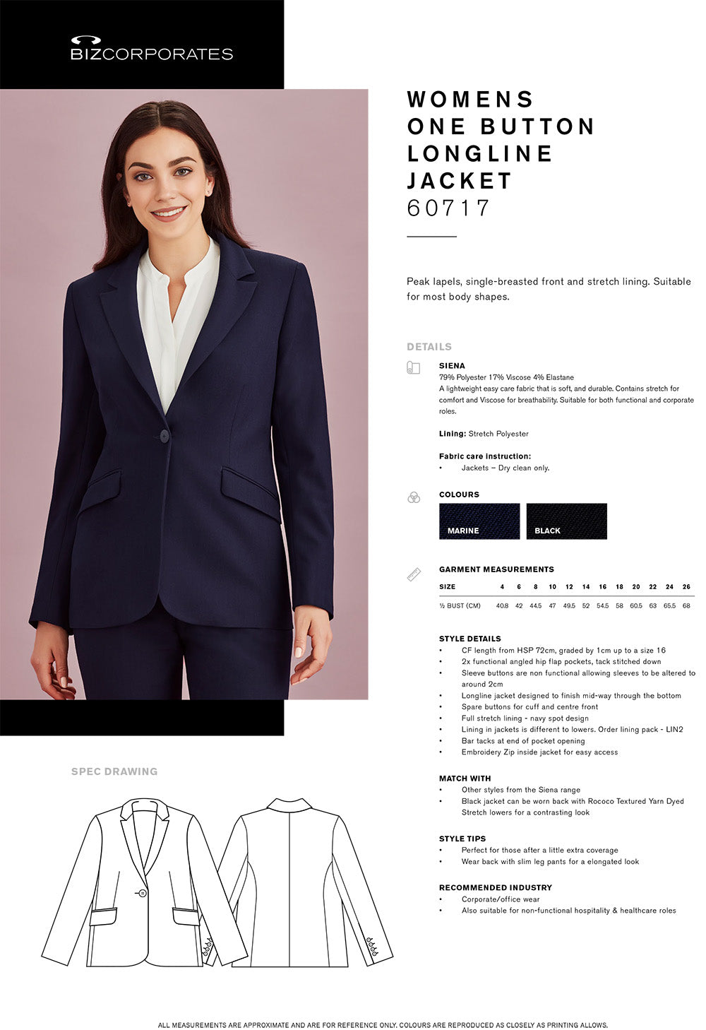 Siena Longline Jacket size chart