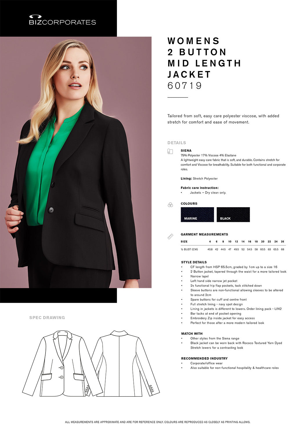 Siena Mid Length Jacket size chart