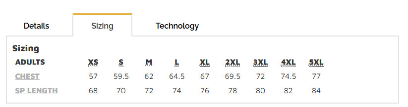HiVis Graphene Puffer Jacket size chart