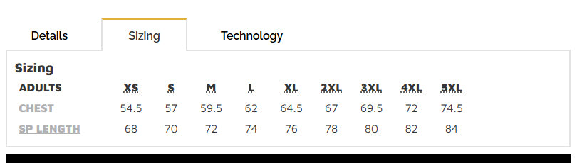 HiVis Graphene Puffer Vest size chart