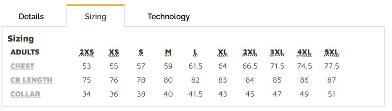 HiVis Close Front LS Shirt size chart
