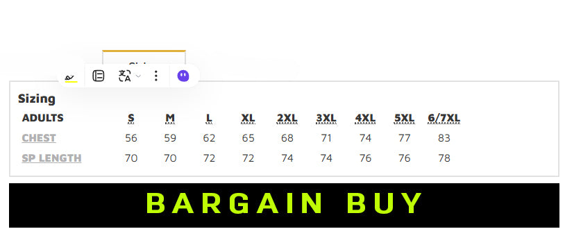 HiVis Vest size chart