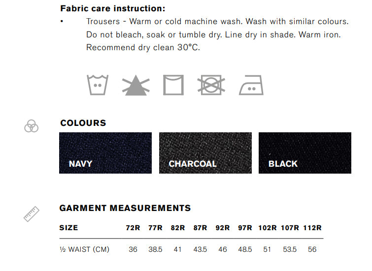 Cool Stretch Slimline Pant size chart