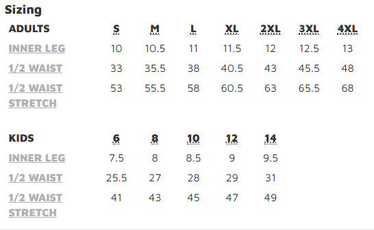 Podium Adults Sport Short size chart