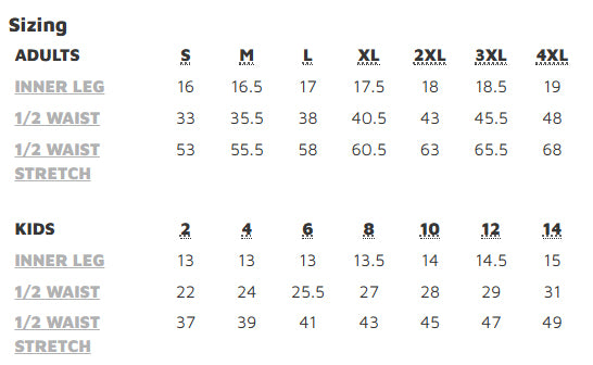 Podium Adults New Sport Short size chart