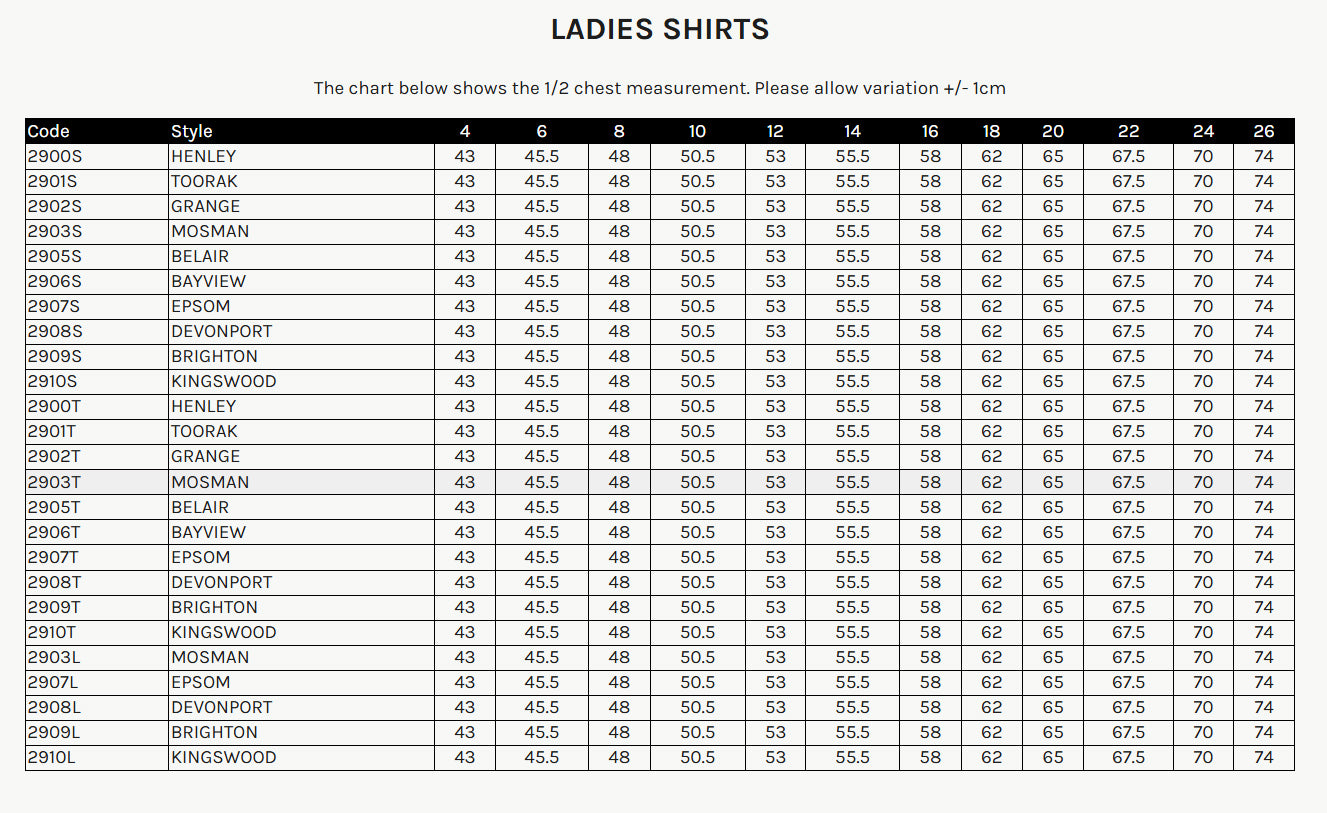 Ladies Brighton 3Q Shirt size chart