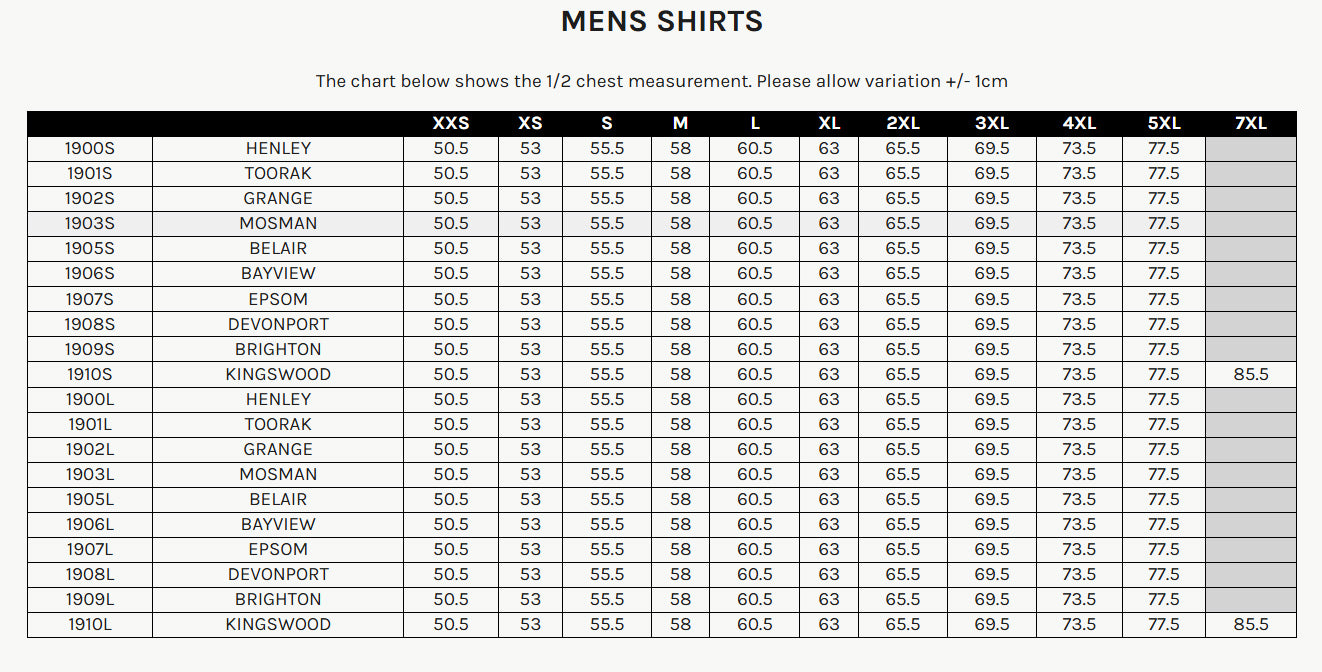 Brighton SS Shirt size chart