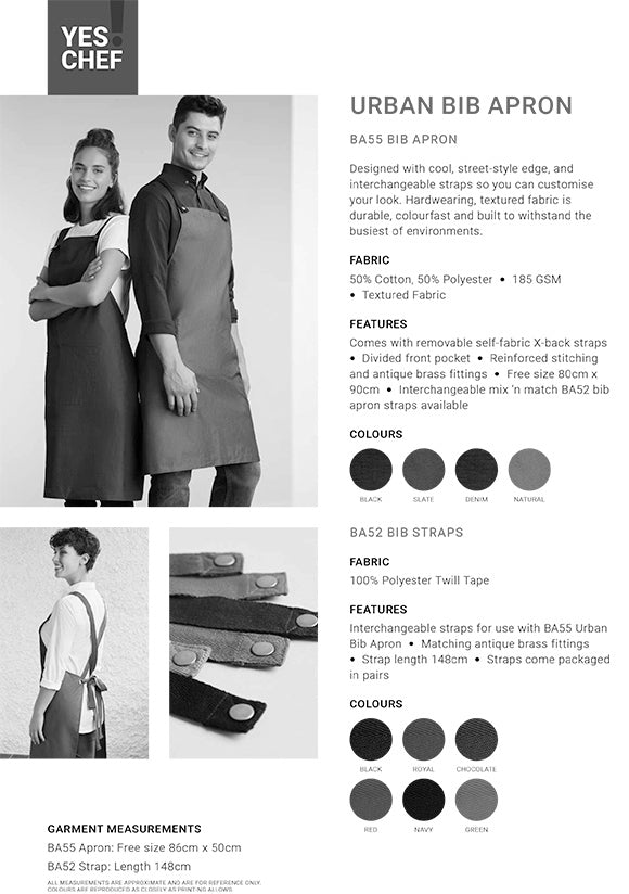Yes Chef! Urban Full Bib Apron size chart
