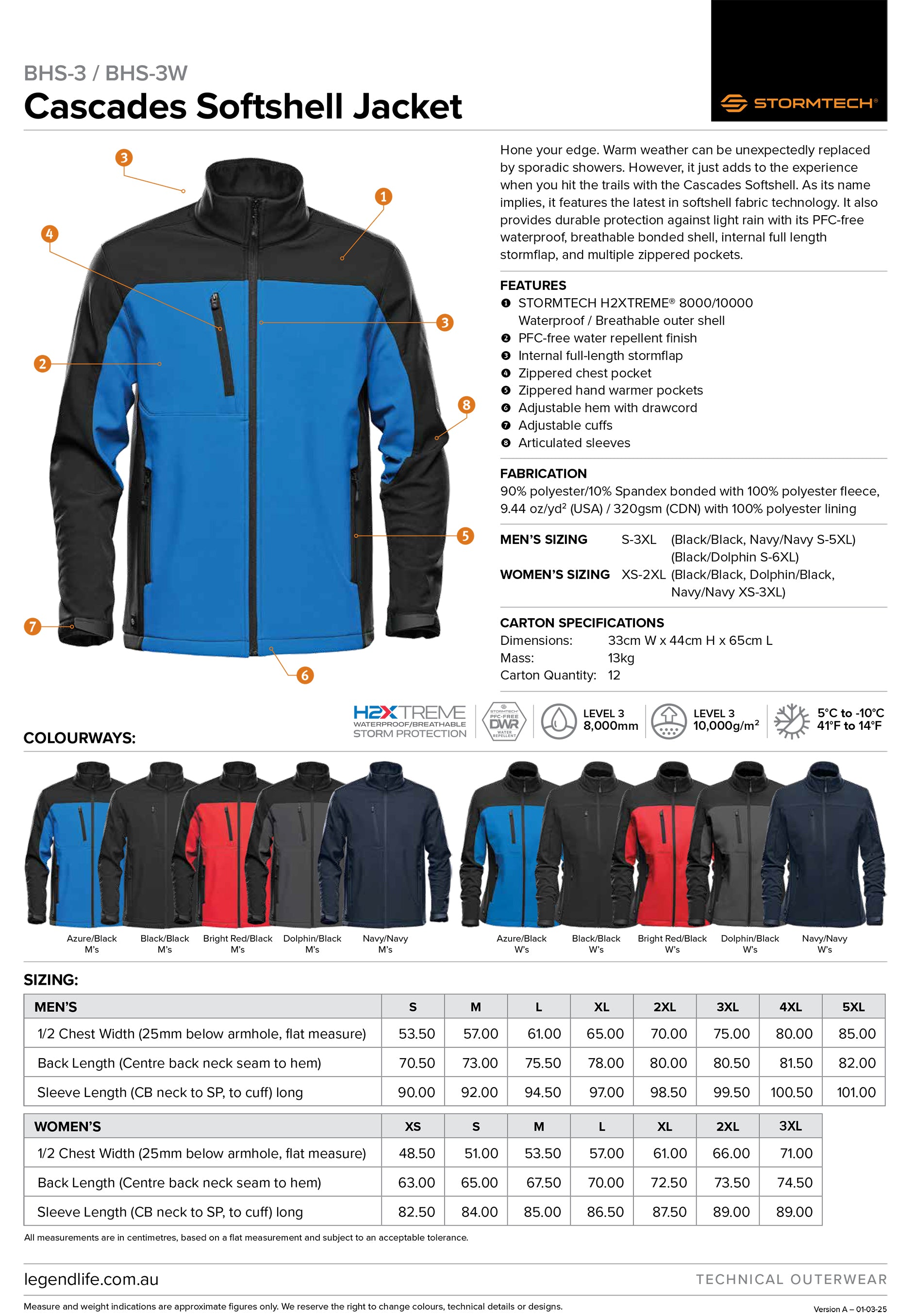 Ladies Cascades Softshell size chart