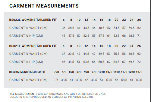 Ladies Lawson Chino Short size chart