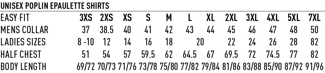 W.S. Epaulette LS Shirt size chart