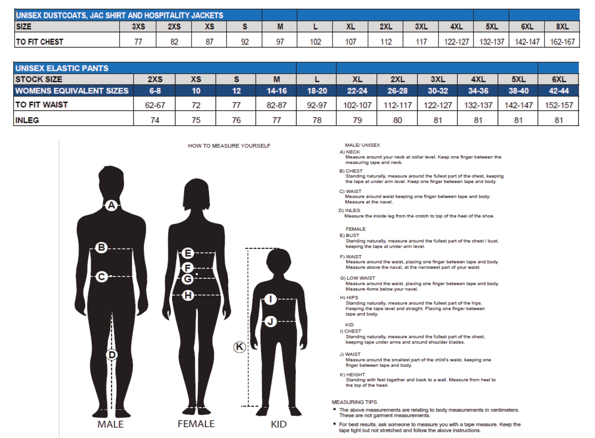 Food Industry Drawstring Elastic Waist Pants size chart