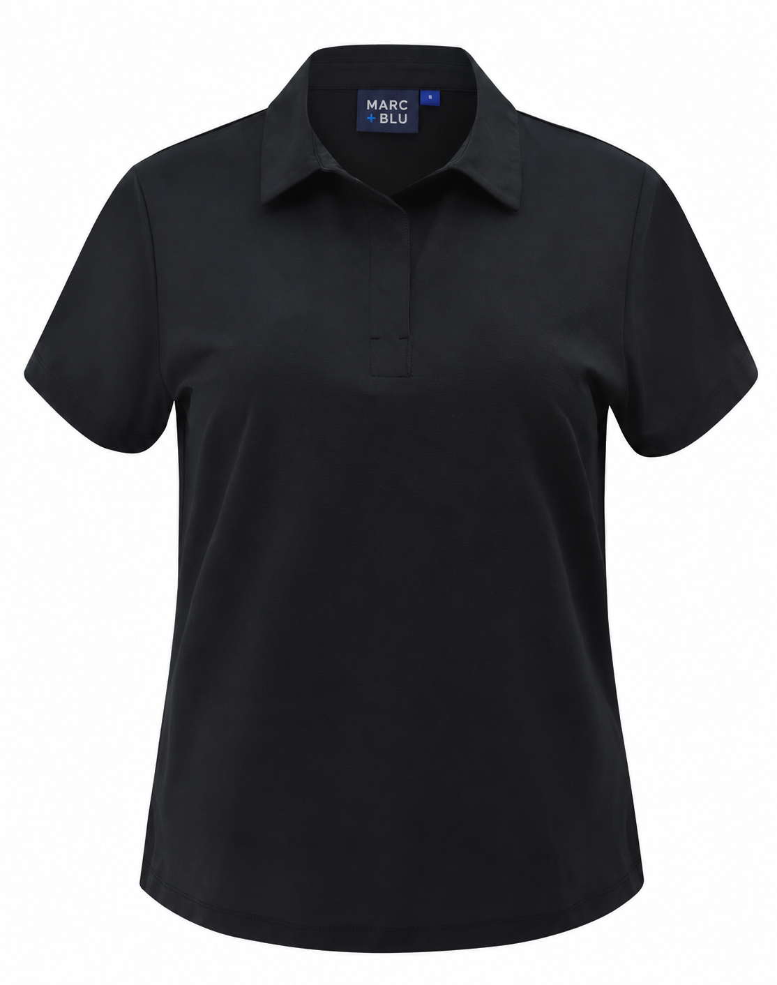 A black short-sleeve polo shirt with a collar and a two-button placket, shown on a plain white background. The Marc Blu brand label is visible inside the collar.