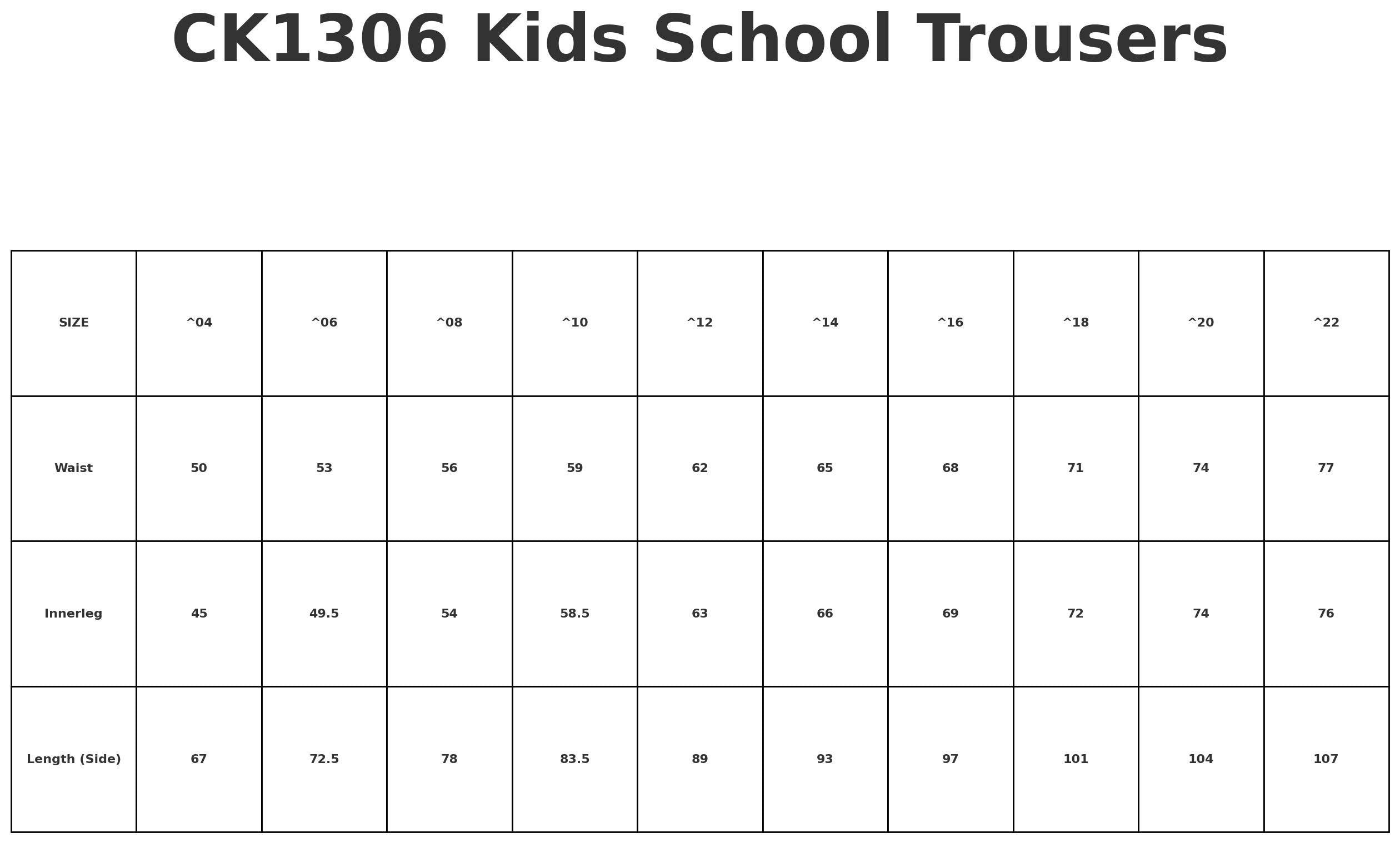 School Pant size chart