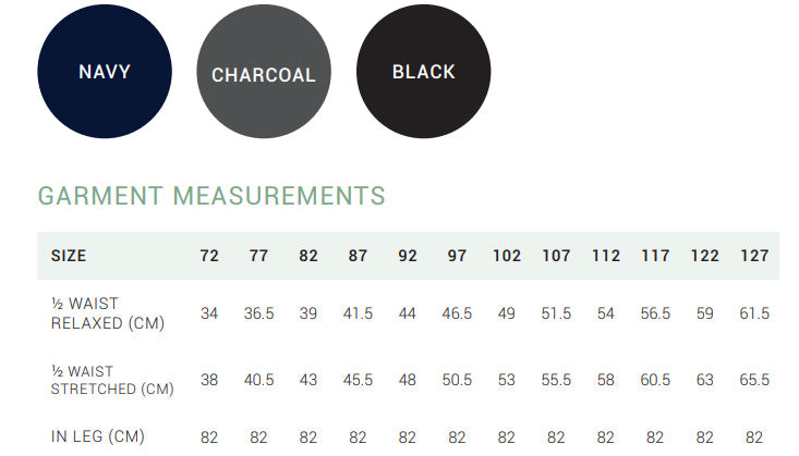 Comfort Waist Cargo Pant size chart