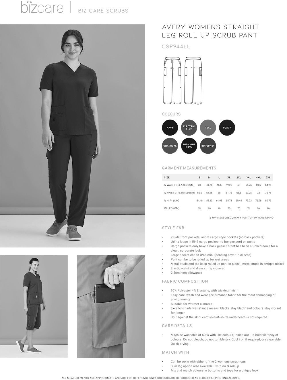 Avery Ladies Straight Leg Scrub Pant size chart