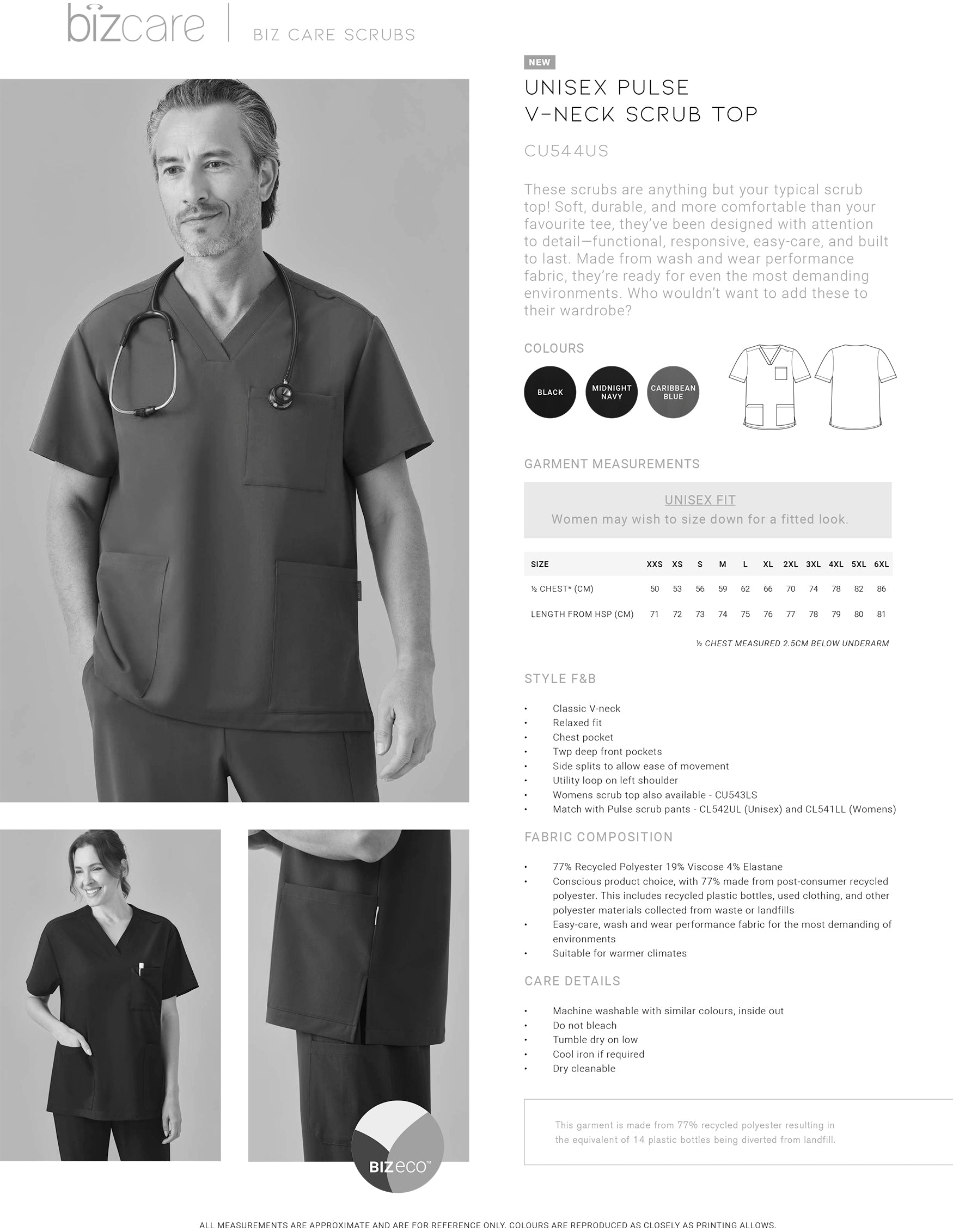 inaura: Unisex Pulse V-Neck Scrub Top size chart