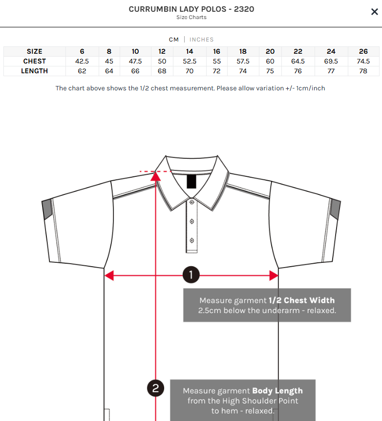 Currumbin  Women's Polos size chart