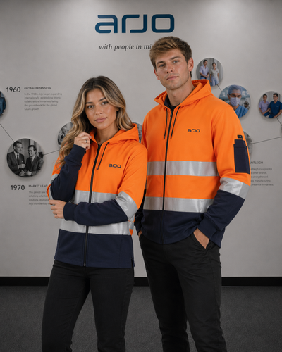 Orange and navy hi-vis zip fleecy hoodie with reflective stripes ideal for workwear and safety uniforms