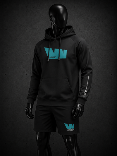 A black athletic hoodie and matching shorts set displayed on a glossy black mannequin against a dark textured wall. The hoodie features a large turquoise 'W' logo on the chest with 'WAVE SPORT' printed underneath, and a smaller matching logo on the left thigh of the shorts.