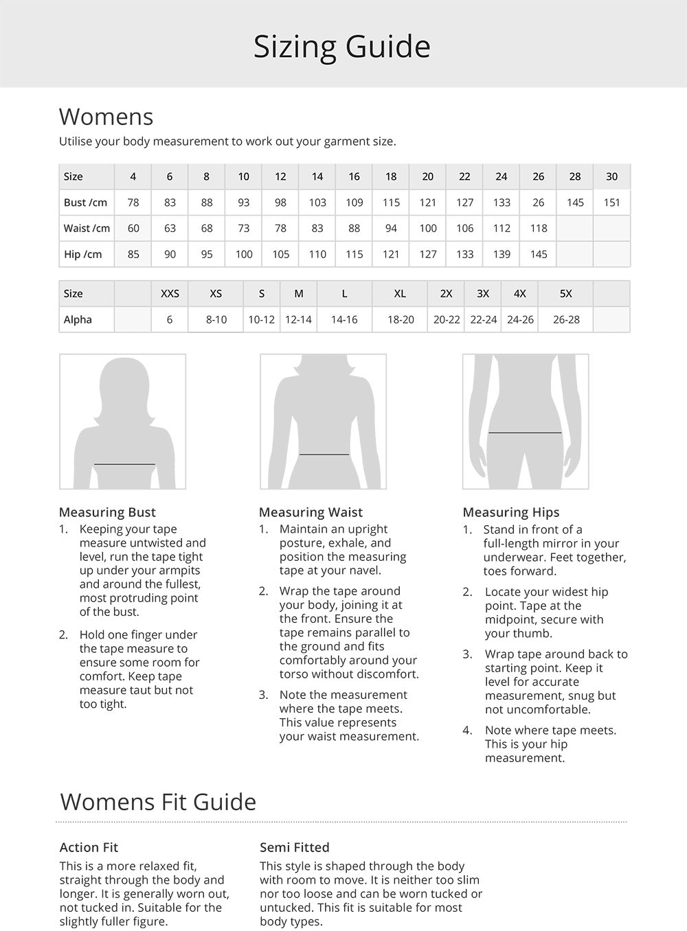 Eva Knit SS Top size chart
