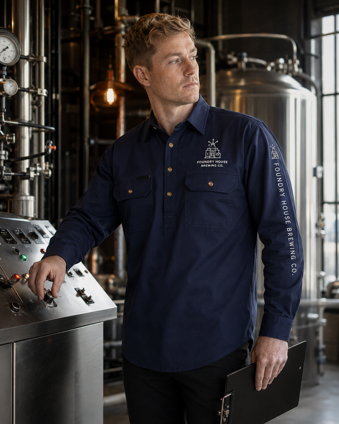 A man in a brewery setting wearing a navy blue long-sleeve button-up shirt with white printed branding on the chest and sleeve, standing next to a stainless steel control panel.