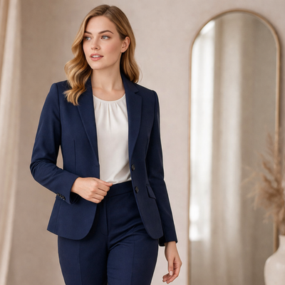 Navy blue tailored siena mid length jacket with notched lapels and two front buttons perfect for work uniforms and workwear