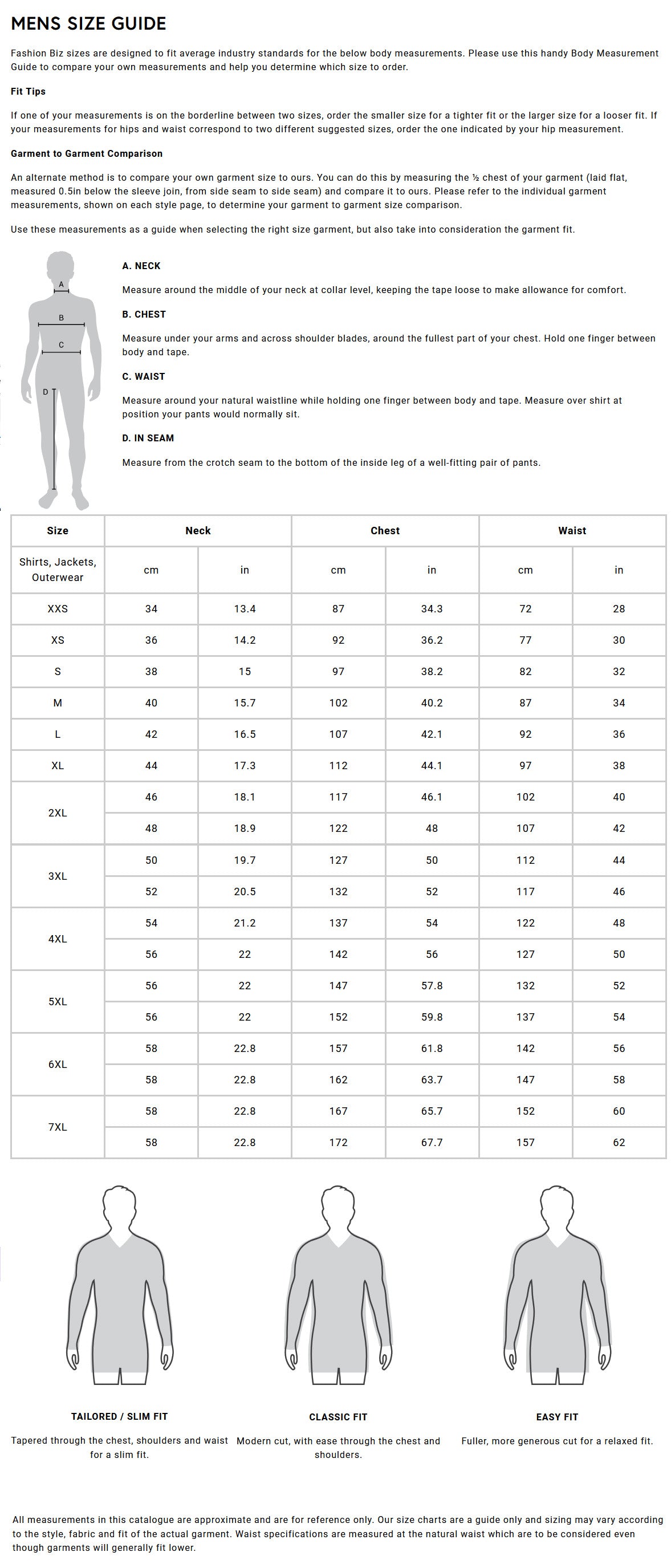 Charleston Classic Fit SS Shirt size chart