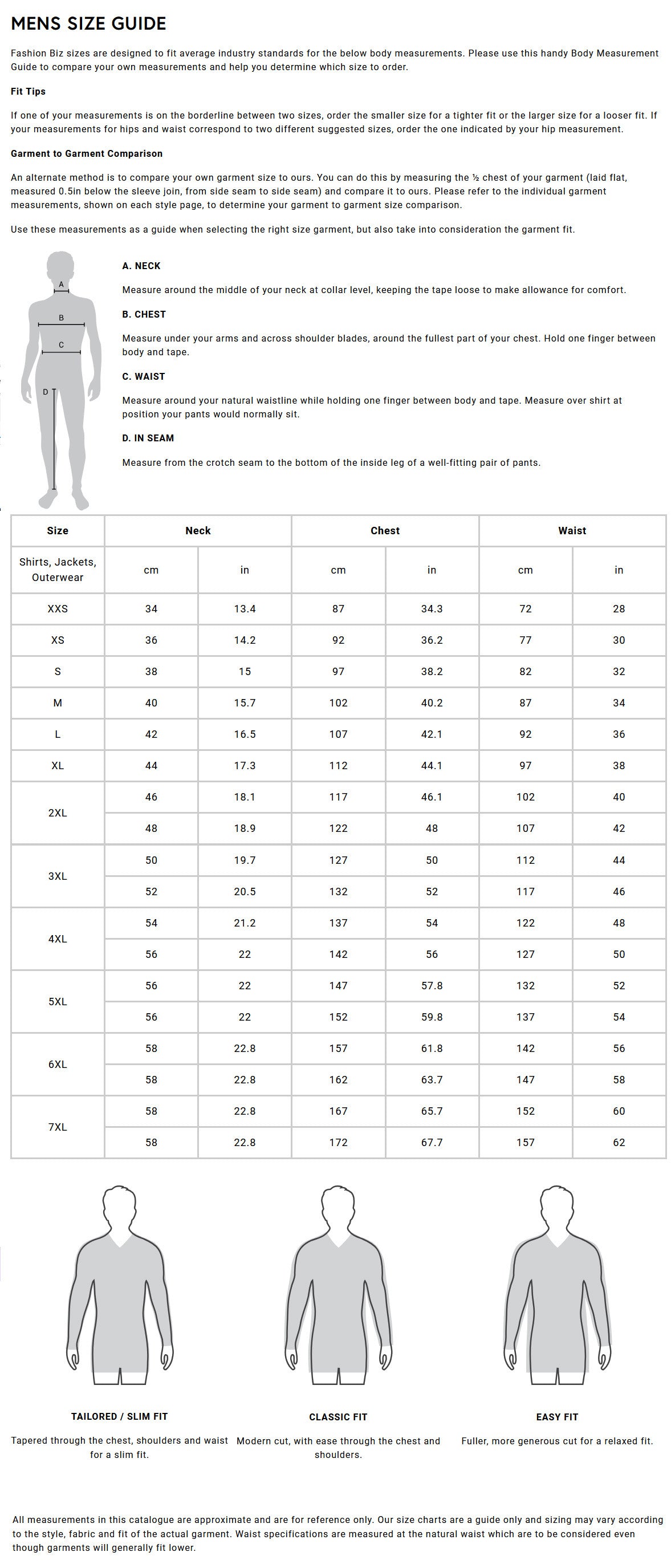 Comfort Wool Mens 2 Button Single Breasted Jacket size chart