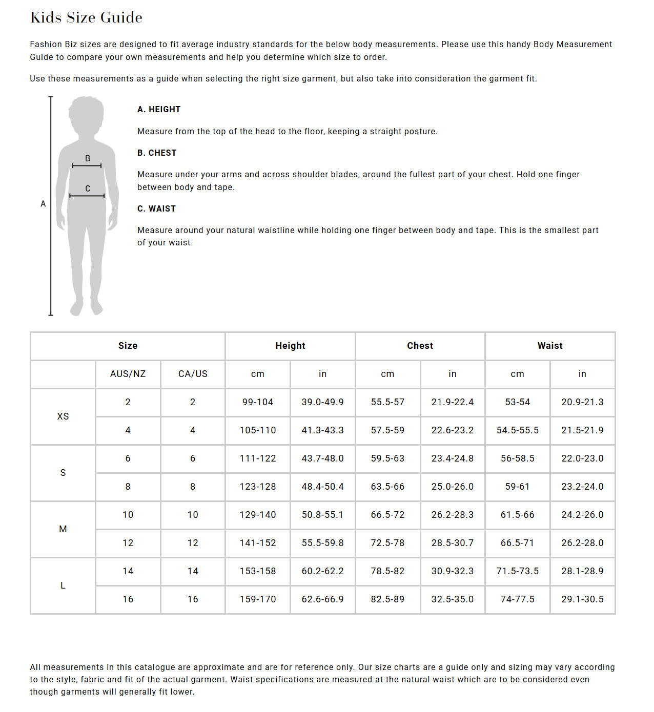 Kids Gainsford Softshell Jacket size chart