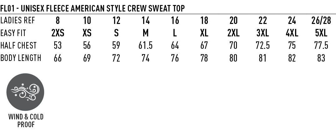American Style Fleece Sweatshirt size chart
