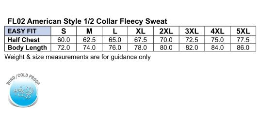 Half Zip Fleece Jumper size chart