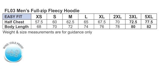 SubZero Zip Hoodie size chart