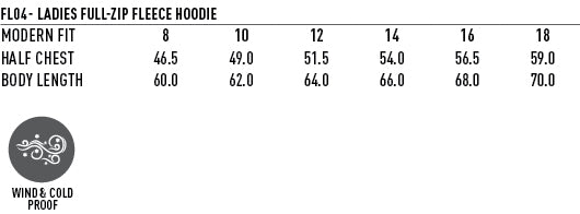 Ladies SubZero Zip Hoodie size chart