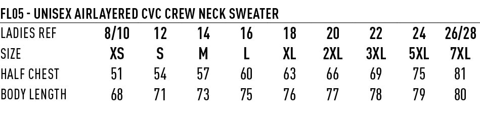 Airlayed CVC Sweater size chart
