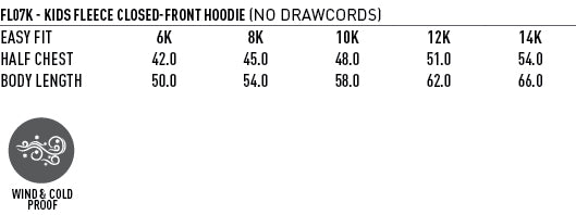SubZero Youth Hoodie size chart