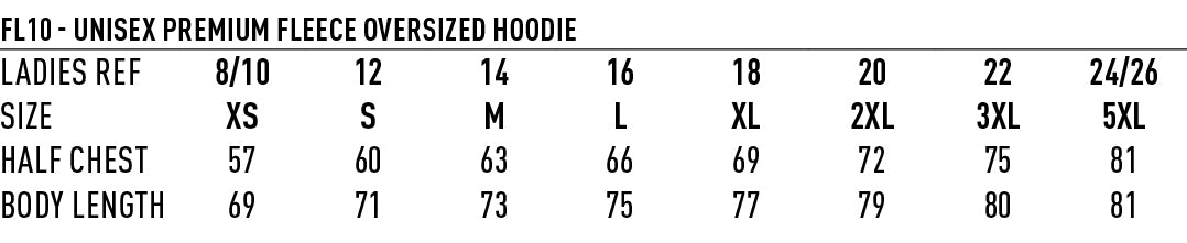 Premium Oversized Hoodie size chart