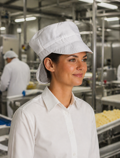 White food industry peak cap with mesh back and hair net perfect for workwear and food industry uniforms