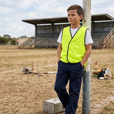 A young boy stands on a dirt field leaning against a metal pole, wearing a bright neon yellow high-visibility safety vest over a white t-shirt and navy pants.