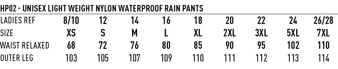 Light Weight Nylon Waterproof Rain Pants size chart