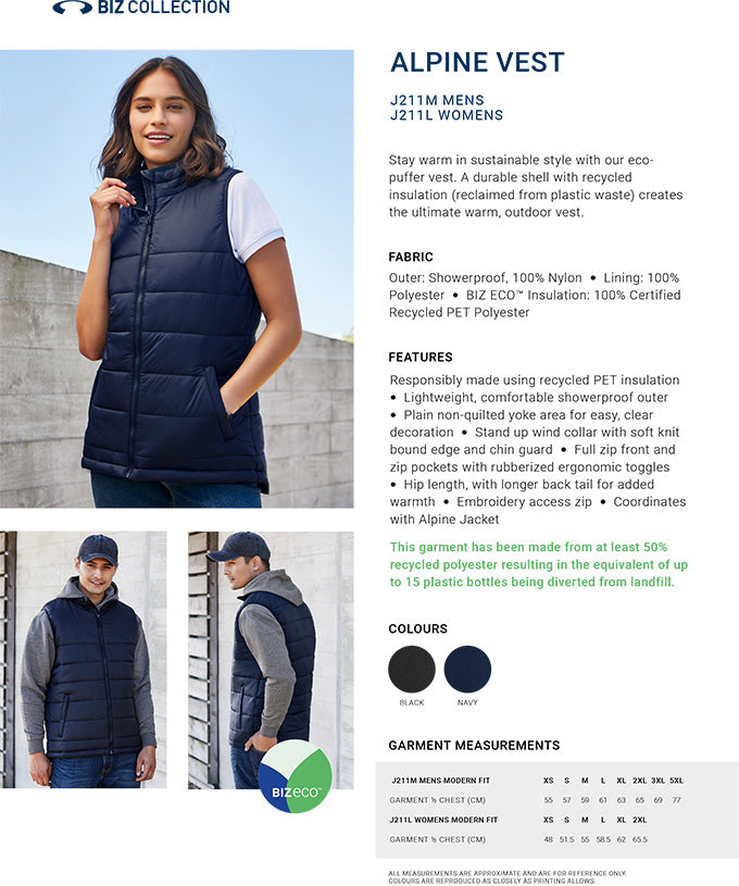 Ladies Alpine Puffer Vest size chart