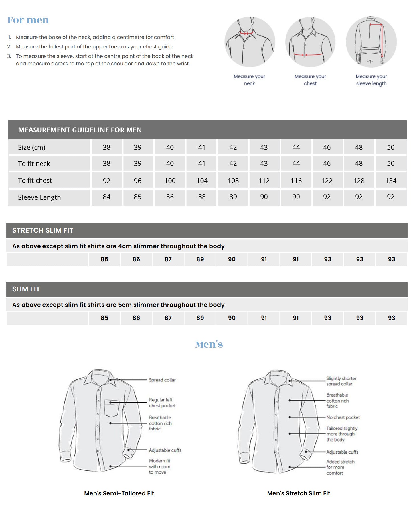 Keval Poplin Slim Fit LS Shirt size chart