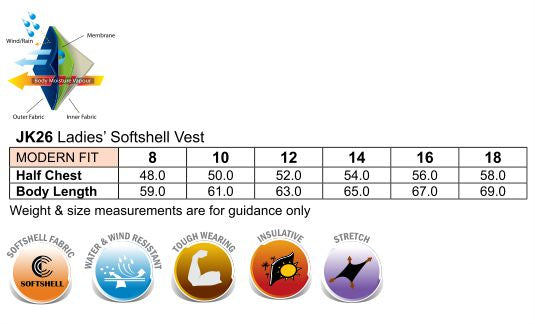 Aidacare (EMBx1) Ladies Softshell Vest size chart