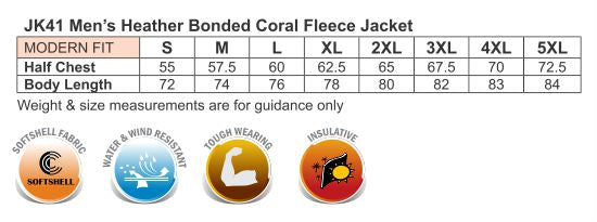 Heather Bonded Fleece Jacket size chart