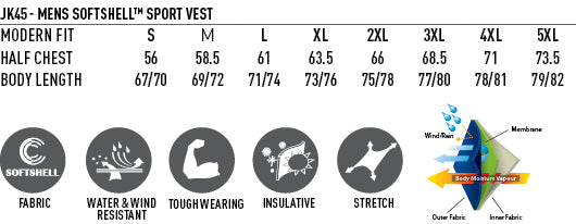 Rosewall SoftShell Vest size chart