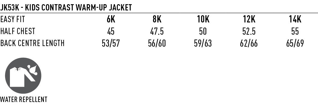 Kids Legend Warm Up Jacket size chart