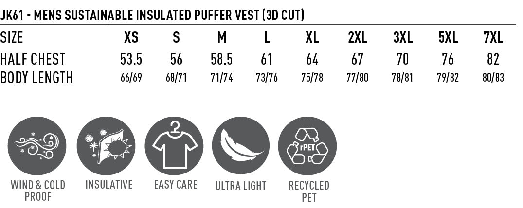 3D Cut Sustainable Insulated Puffer Vest size chart