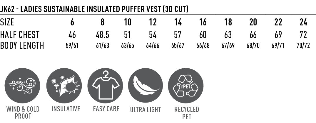 Ladies 3D Cut Sustainable Insulated Puffer Vest size chart
