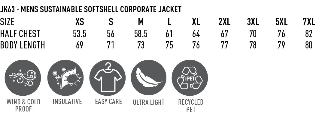 Sustainable Softshell Jacket size chart